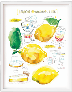 Lemon Meringue Pie recipe fine art print, Watercolor painting, Yellow kitchen wall art, French pastry, Bakery decor, Fruit cake dessert