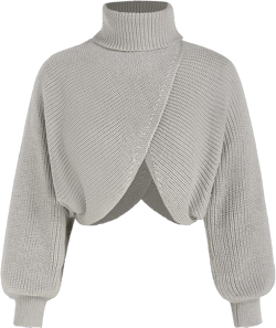 CIDER Cropped Sweaters for Women Turtleneck Long Sleeve Fall Sweaters Chunky Ribbed Knit Lantern Sleeve Pullover 2024 Grey X-Large