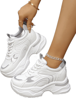Women's Spring, Autumn And Winter Thick Sole Platform White Leather Patchwork Contrasting Color Fashion Versatile Chunky Sneakers, Wedge Heel Thick Sole Sneakers