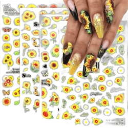 4 Sheets Flower Nail Art Stickers Summer Sunflower Nail Stickers 3D Floral Self-Adhesive Nail Supplies Daisy Leaf Bee Butterfly Design Nail Decals for Women Girls Spring DIY Acrylic Nail Decoration