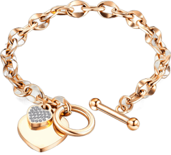Women's Toggle Charm Bracelet, Dainty 18k Gold Plated Heart Bracelet Link Hand Chain Birthday Gift for Friends Girlfriend Rose Gold Tone