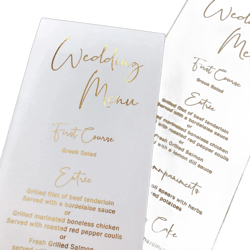Gold Foil Luxury Wedding Menu, Personalized Tea Length Menu Printed on Vellum, White or Black Card Stock with Gold, Rose Gold or Silver Foil