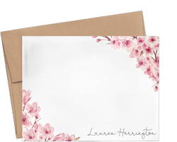 Cherry Blossom Floral Corners Personalized Stationary for Women, Personalized Floral Stationery with Envelopes, FLAT OR FOLDED NOTE CARDS, Notecards for Women, Your choice of Colors and Quantity