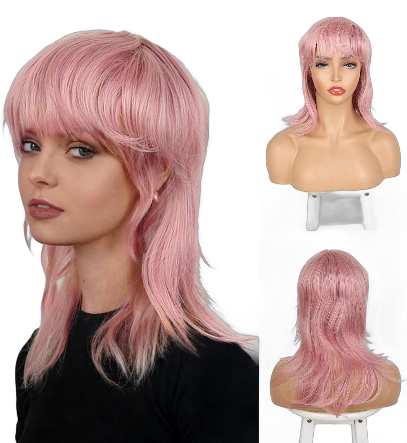 CINHOO Straight Mullet Pixie Haircut with Bangs Layered Shaggy Mullet Wigs for Women,70s 80s Short Layered Shag Pixie Cut Wig Synthetic Wolf Cut Mullets Wig for Black Women 14inch(Pink) 14 Inch Pink