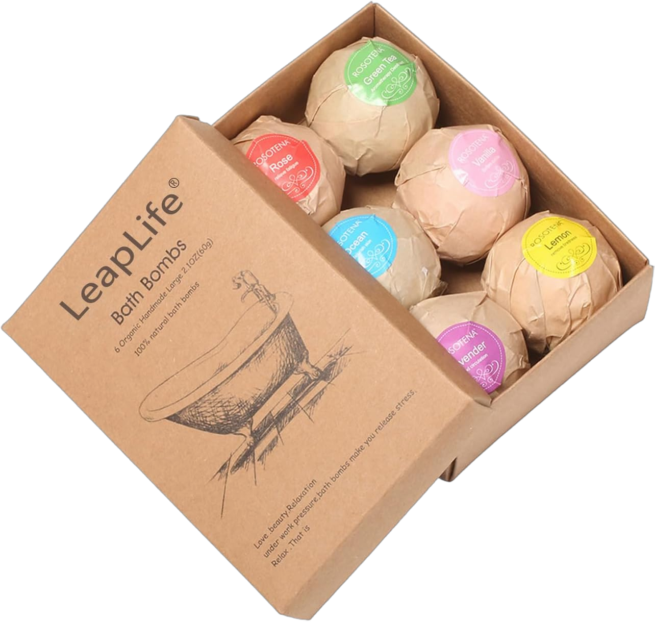 Bath Bombs Gift Set,Organic Handmade Large Fizzer with 100% Natural Materials for Kids, Women Men, Best Gift for All Festivals including lemon, rose, lavender, vanilla, green tea, ocean(6pcs) 6 Count (Pack of 1)