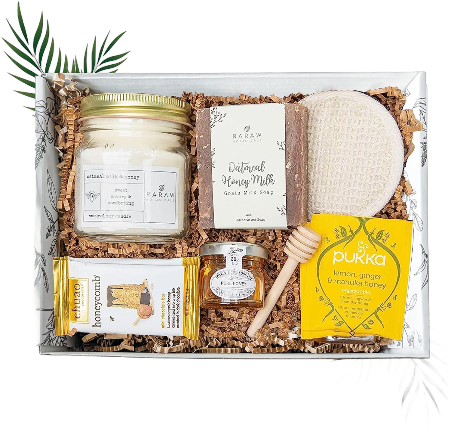 RaRaw Self Gifts for Women - 9 Piece Relaxing Spa Basket with Scented Candle, Loofah, Handmade Soap, Honeycomb Chocolate, Tea - Pampering Gift Set for Birthday, Mother’s Day, Wellness, Personal Care
