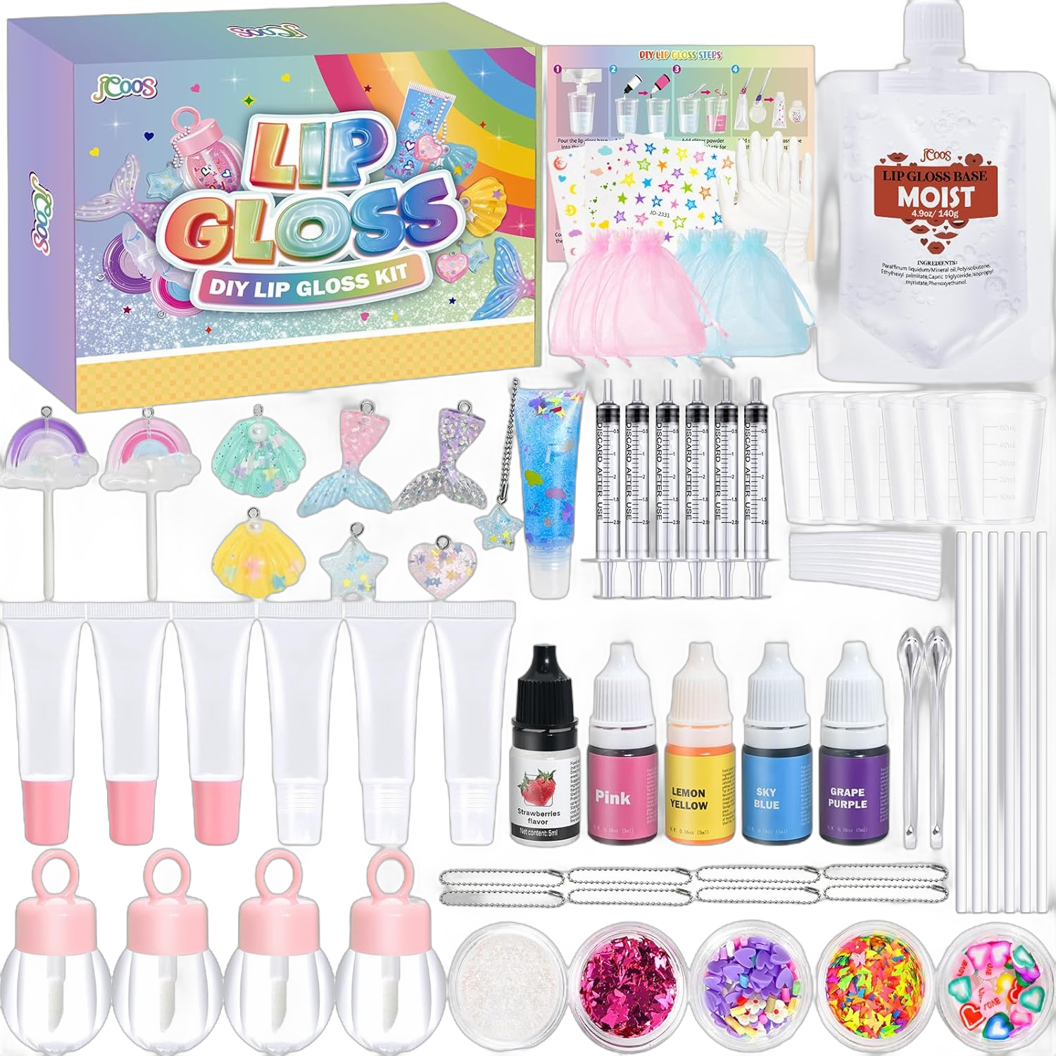 Jcoos Lip Gloss Making Kit - 73PCS Keychain DIY Lip Gloss, Shimmery Moisturizing Lip Glaze Handmade Set, Fun Craft Kit for Beginner, Women, Kids, Tween, Preteen, Teens Girl Gifts Trendy Stuff
