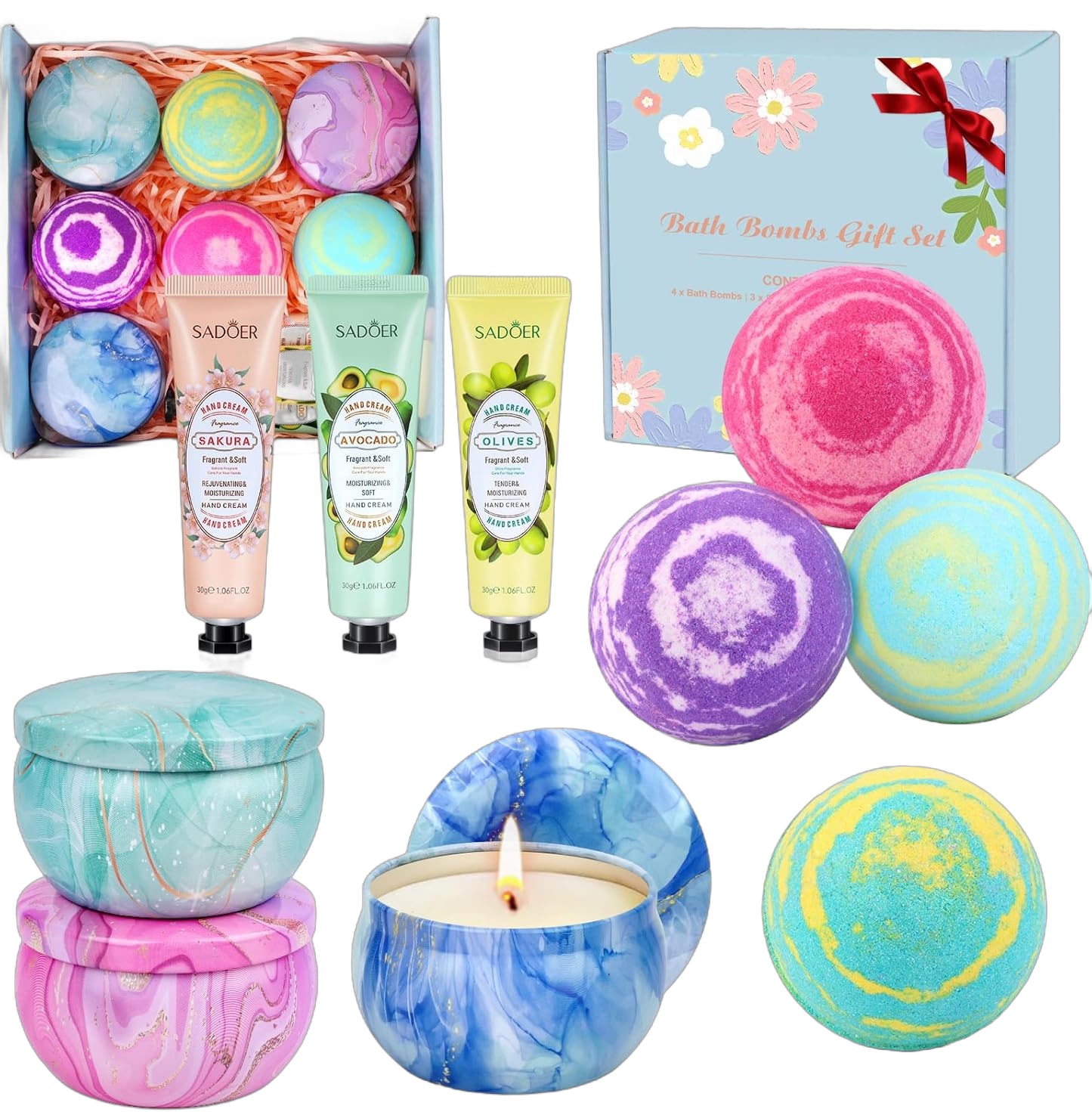 Bath Bombs for Women Gift Set - 4 Large Bath Bombs + 3 Scented Candles + 3 Hand Lotions, Handmade Moisturizing SPA Gift Baskets Fizzy Bath Bomb, Ideal Gift for Valentine's Day, Mother's Day, Birthday