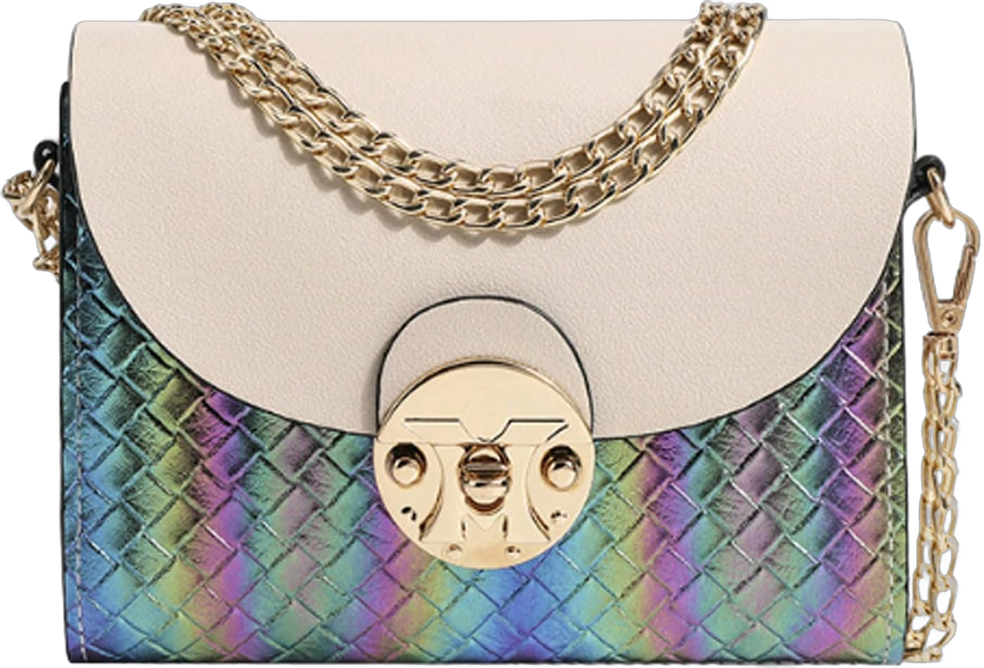 RARITYUS Gradient Holographic Leather Crossbody Bag for Women Fashion Woven Shoulder Handbag Clutch Purse with Chain Strap