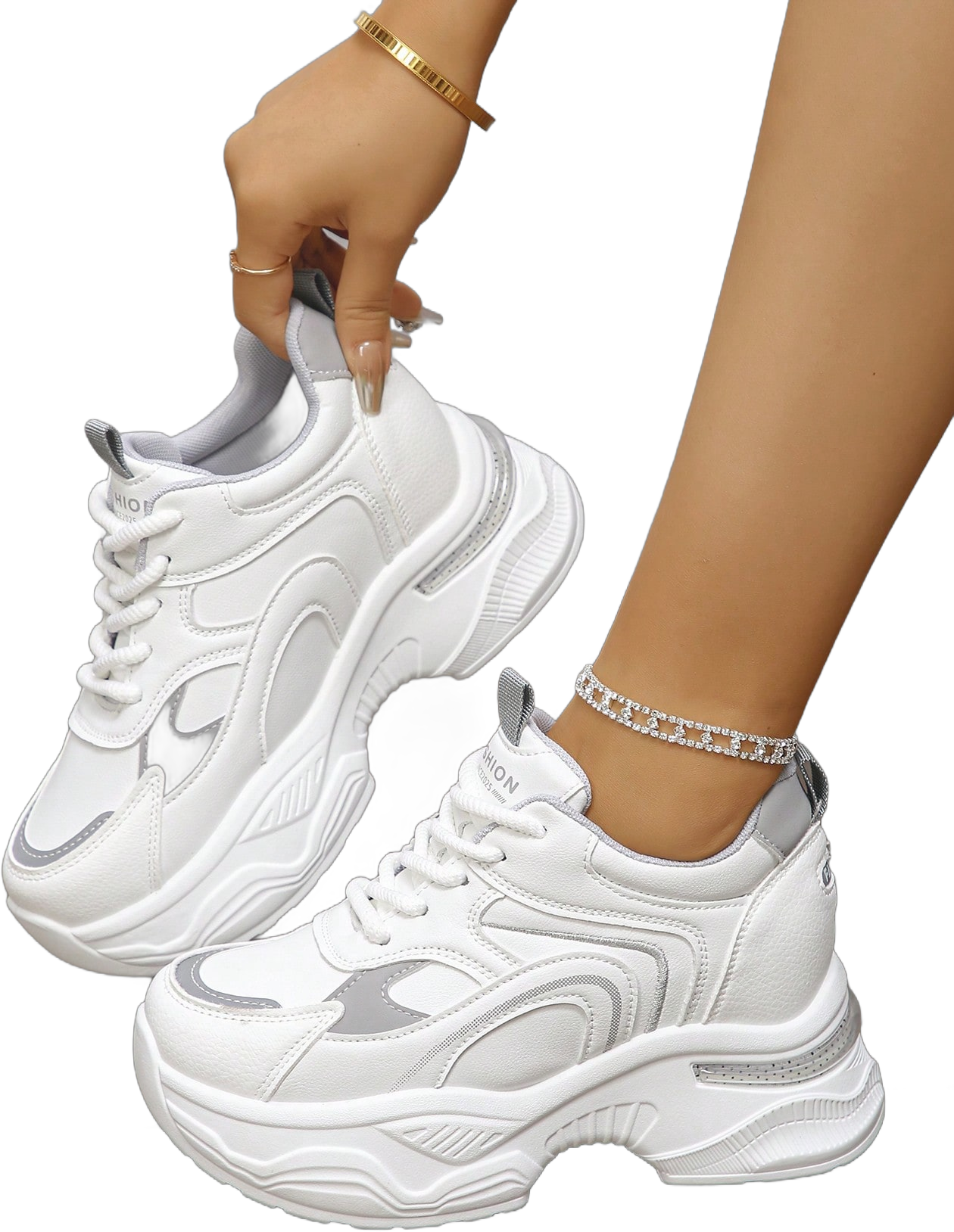 Women's Spring, Autumn And Winter Thick Sole Platform White Leather Patchwork Contrasting Color Fashion Versatile Chunky Sneakers, Wedge Heel Thick Sole Sneakers
