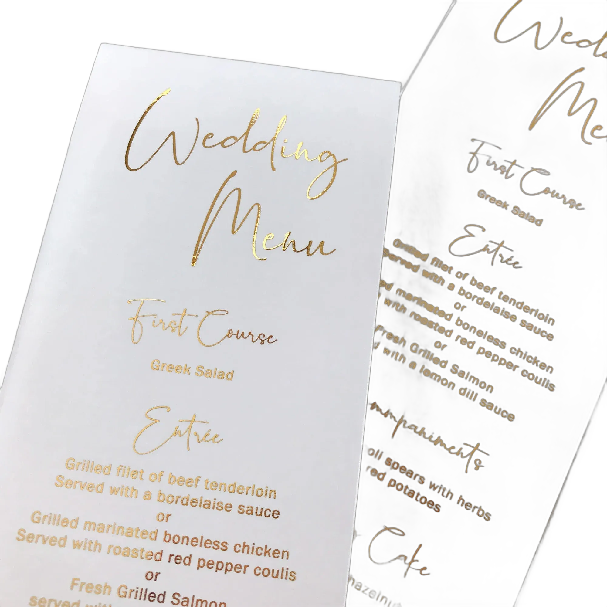Gold Foil Luxury Wedding Menu, Personalized Tea Length Menu Printed on Vellum, White or Black Card Stock with Gold, Rose Gold or Silver Foil