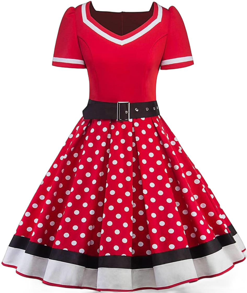 Women Short Sleeve 1950s Retro Vintage Cocktail Party Swing Dress Polka Dot Audrey Dress Casual A-Line Work Dress with Belt Small Red+white